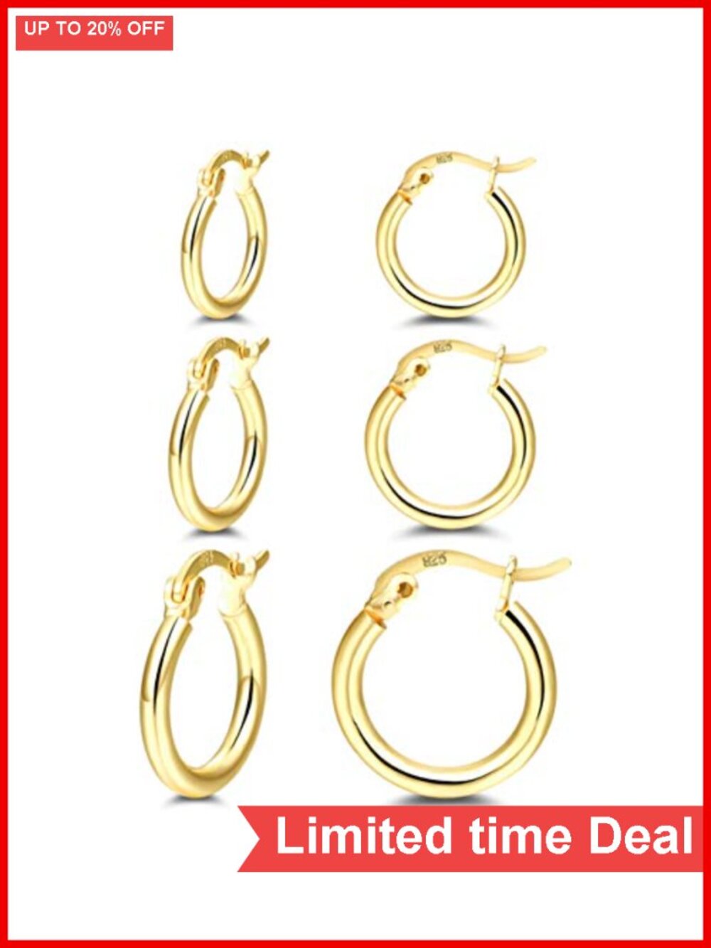 3 Pairs Small Gold Hoop Earrings Set 925 Sterling Silver 14K Gold Plated
